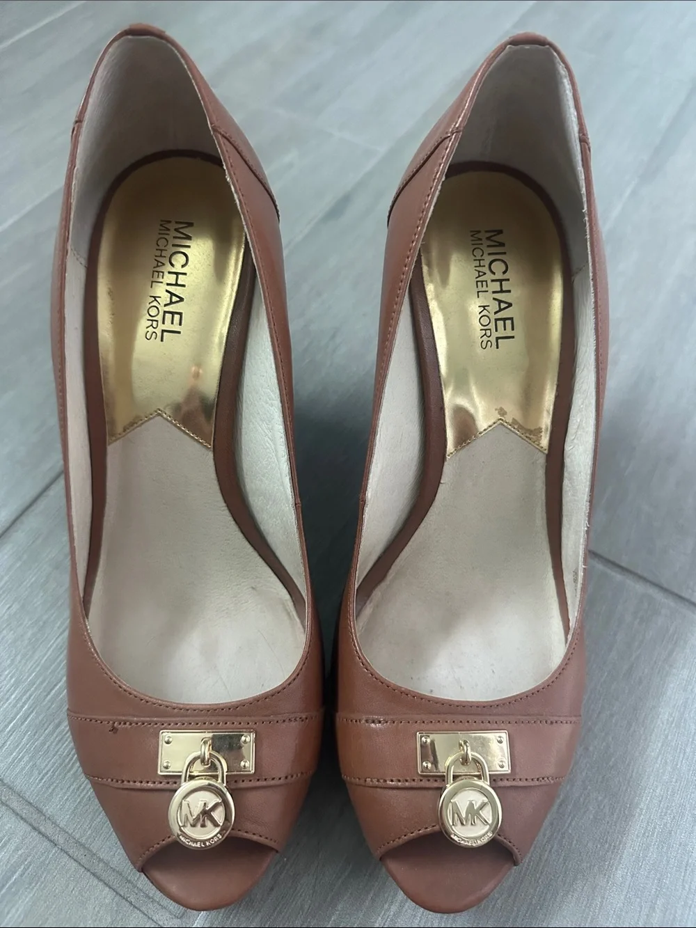 Michael Kors Cognac Leather Peep-Toe Platform Pumps with Gold Emblem